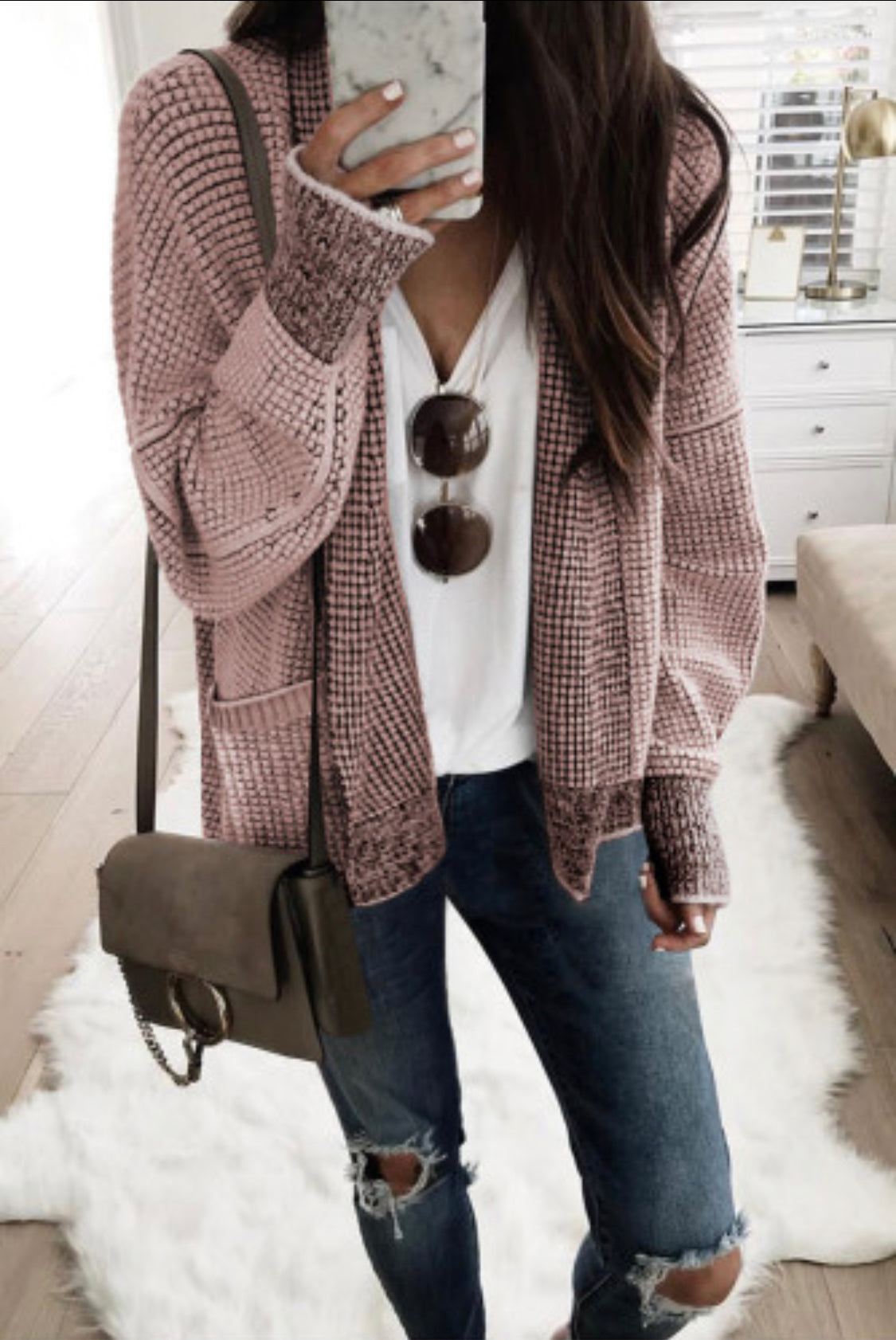 Pink plaid Knitted Cardigan
