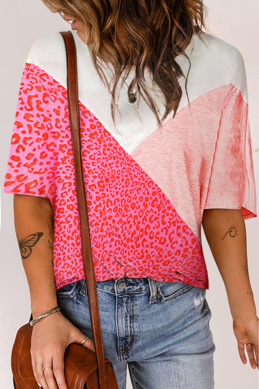 Pink Loose Colorblock Leopard T-shirt