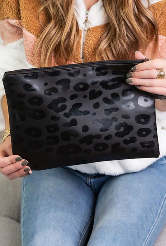 Black Leopard Print Zipper PU Leather Handbag