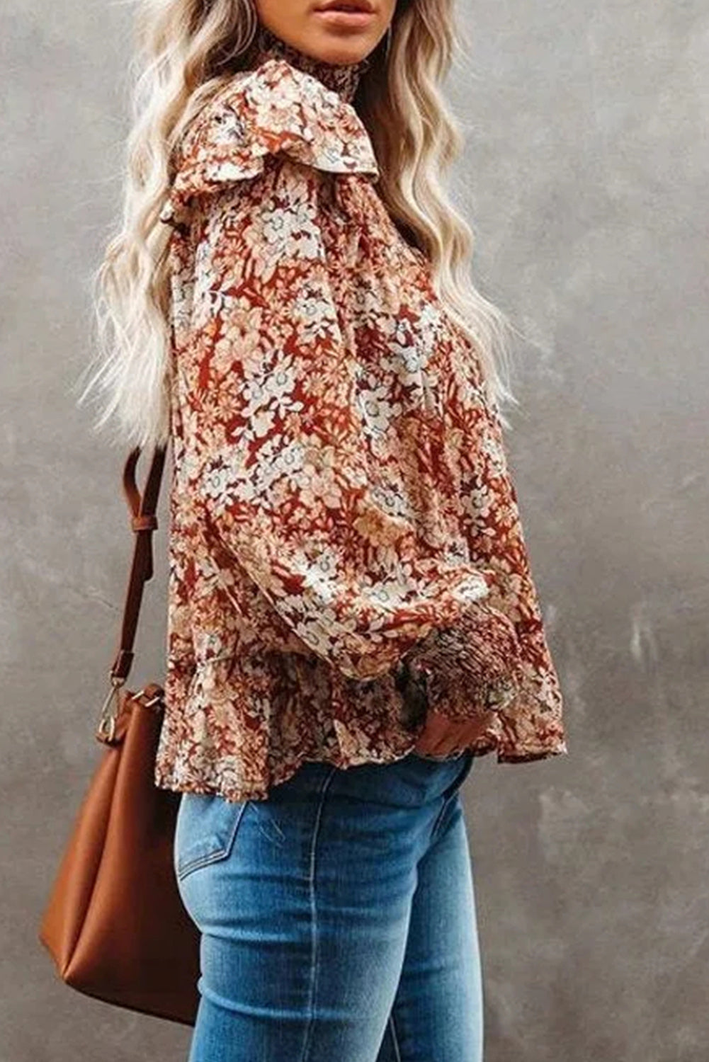 Floral Smoked High Neck Ruffled Blouse