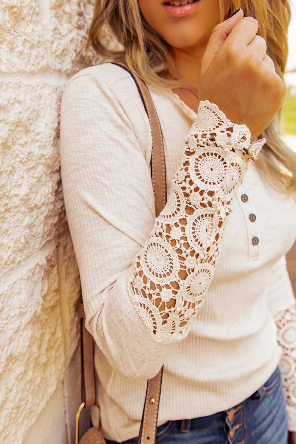 Beige Crochet Lace Hem Button Top